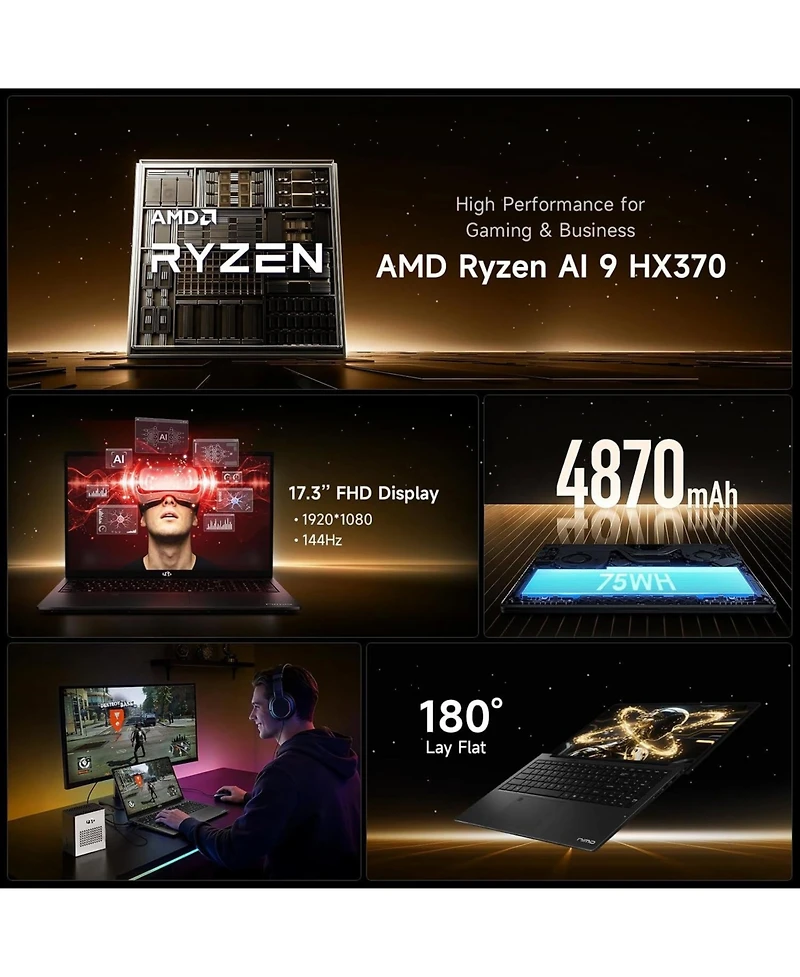 Nimo 17.3 Ai Laptop,Amd Ryzen 9 HX370 64GB Ram 1TB Ssd Radeon 890M,with eGPU of Amd Rx 7600M Xt 8GBGDDR6 for Video Editing,Ai TasksandRemote Streaming