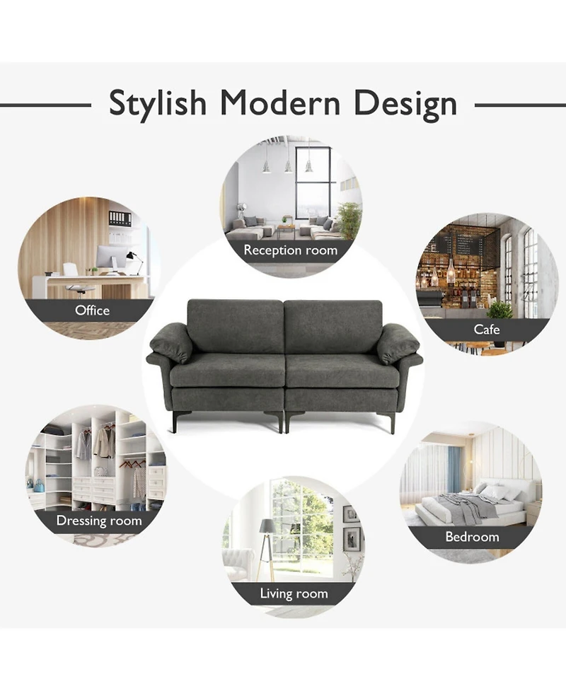 Sugift Modern Upholstered Loveseat Sofa with Spring System Armrest Pillows and Metal Legs