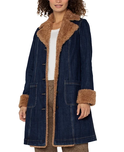 Liverpool Los Angeles Petite Sherpa Notch-Collar Denim Jacket
