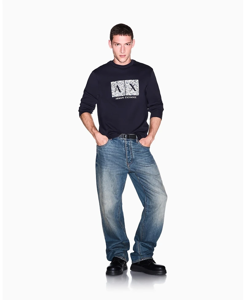 A|X Armani Exchange Men's Long Sleeve All-Over Logo Bonded Cotton Crewneck Sweatshirt