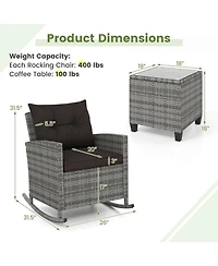 Sugift 3-Piece Patio Rattan Rocking Chair Set with Tempered Glass Side Table