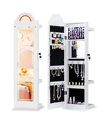 Sugift Kids 3-in-1 Freestanding Jewelry Armoire with Lighted Full-Length Mirror and Rainbow Design