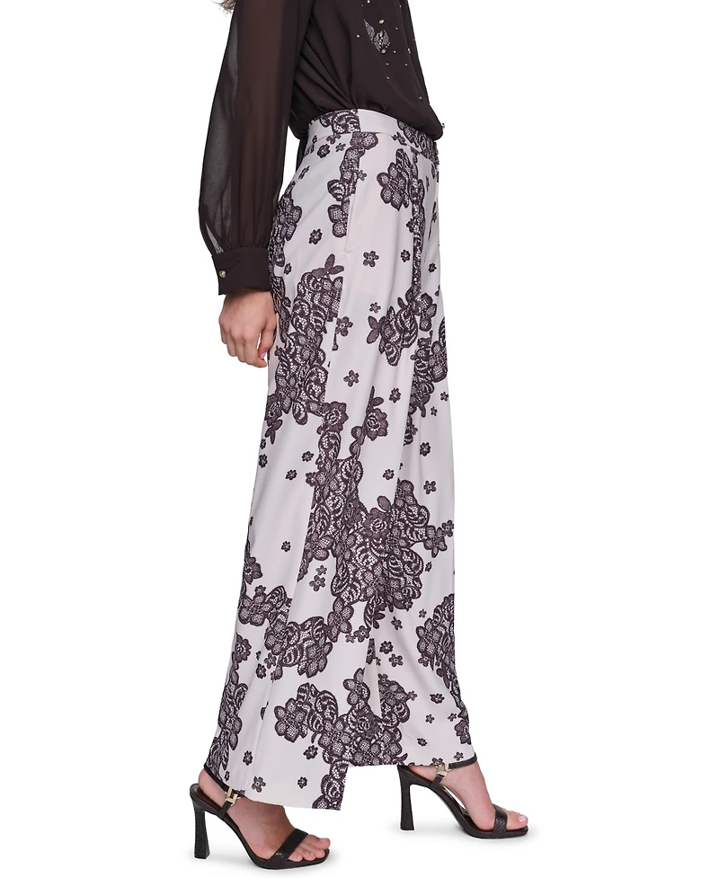 Karl Lagerfeld Paris Petite Lace Floral-Print Wide-Leg Pants, 28" Inseam
