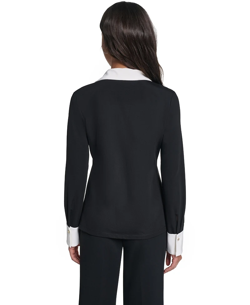 Karl Lagerfeld Paris Petite Long-Sleeve Colorblock-Knit Blouse