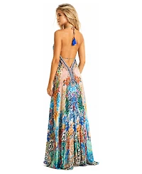 La Moda Clothing Women's Patchwork Floral and Geo Halter Plunge Maxi Dress
