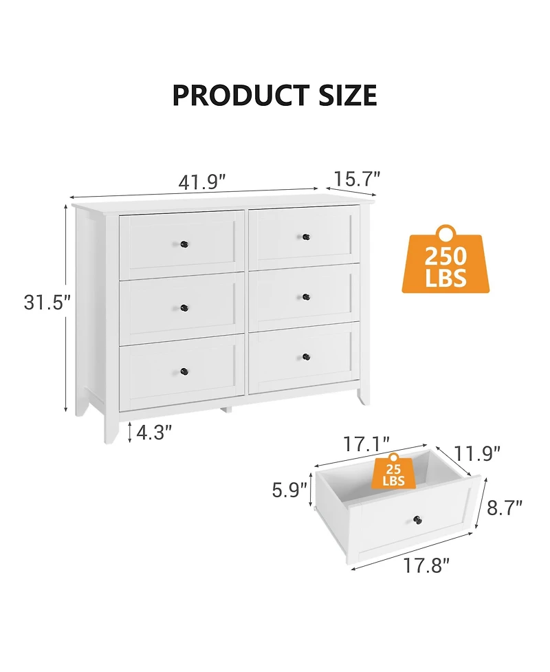 41.7" Wide 6-Drawer Storage Dresser, Modern Lacquered Chest with Deep Drawers, Multi-Purpose Storage Cabinet for Bedrooms, Hallways and Entryways