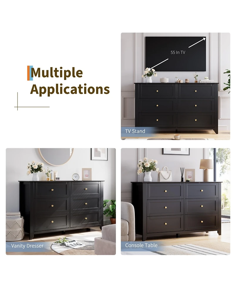 54" Wide 6-Drawer Lacquered Storage Chest, Modern Dresser with Deep Drawers, Multi-purpose Organizer for Bedrooms, Hallways and Entryways