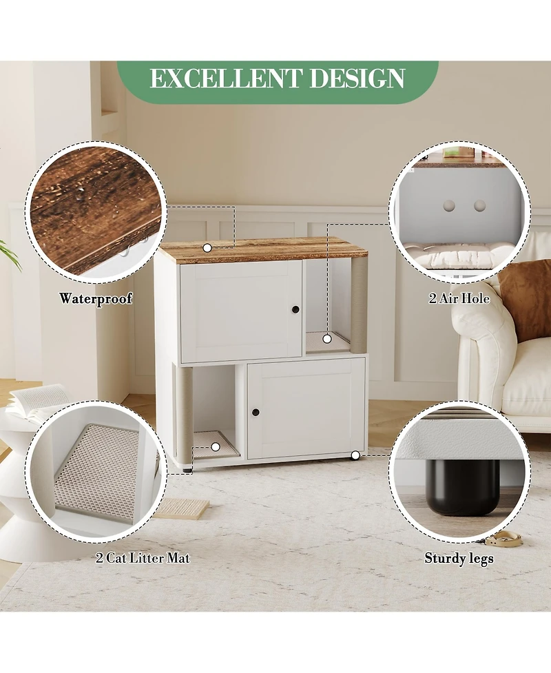 homfan Modern Double Cat Litter Box Cabinet Enclosure for 2 Cats, Hidden Washroom Furniture, Dual Compartments, Odor, Mark-Resistant Panels