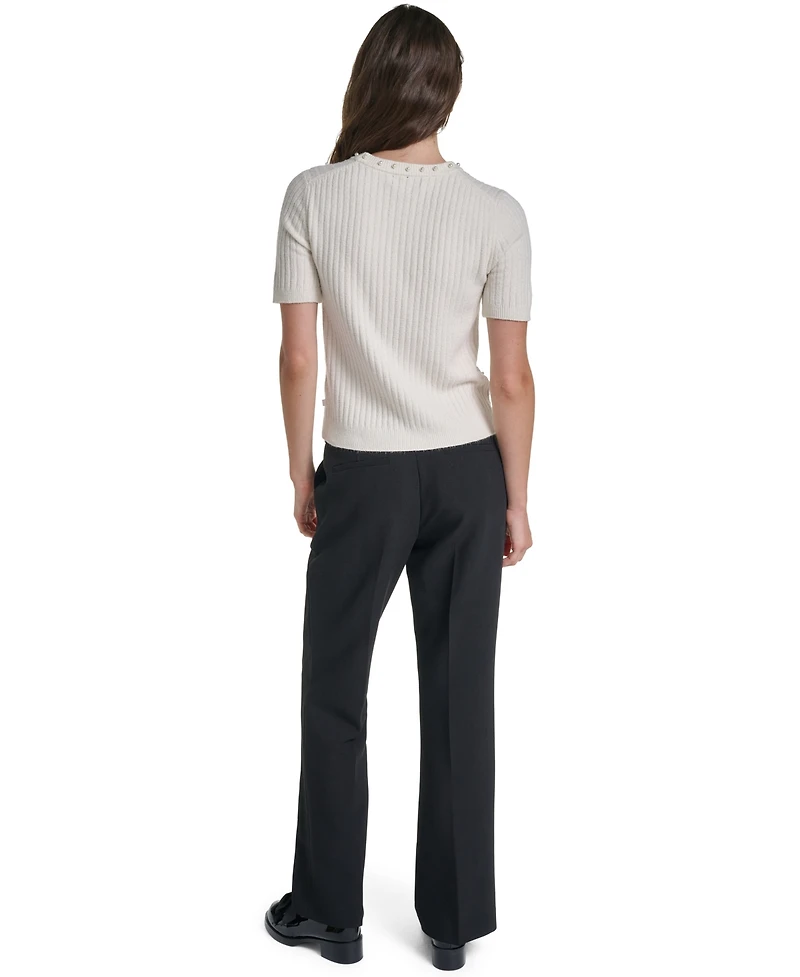 Karl Lagerfeld Paris Petite Cable-Knit Short-Sleeve Embellished Sweater