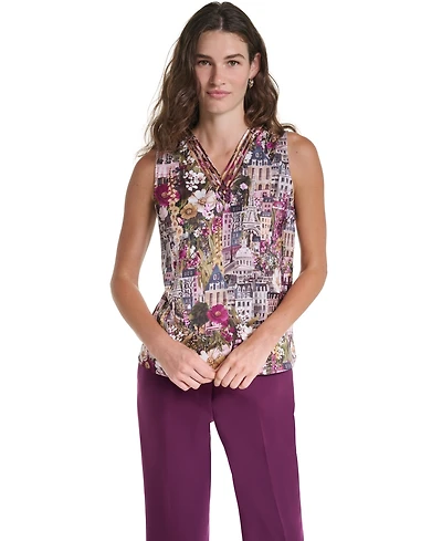 Karl Lagerfeld Paris Petite Floral V-Neck Sleeveless Blouse