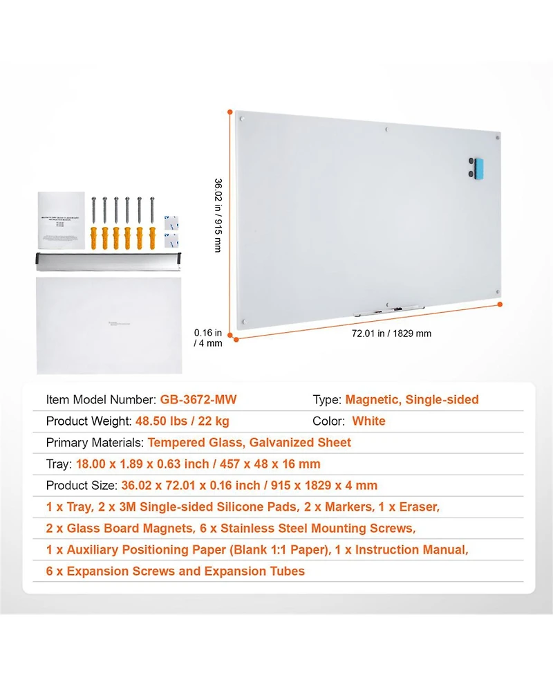 Yobtop Magnetic Glass Whiteboard, Dry Erase Board Wall-Mounted Large White Glassboard Frameless,Marker Tray,Eraser and 2 Markers Included