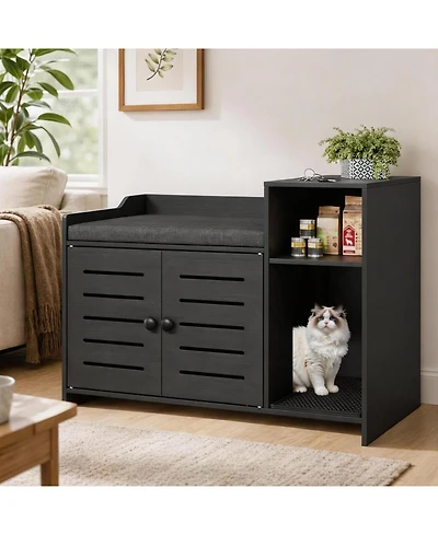 homfan Hidden Litter Box Furniture with Cushion, Mark Pad, Storage Shelf, Odor Control, Large Modern Wooden House Cabinet, Fits Most Boxes