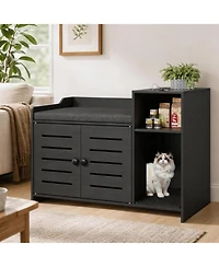 homfan Hidden Litter Box Furniture with Cushion, Mark Pad, Storage Shelf, Odor Control, Large Modern Wooden House Cabinet, Fits Most Boxes