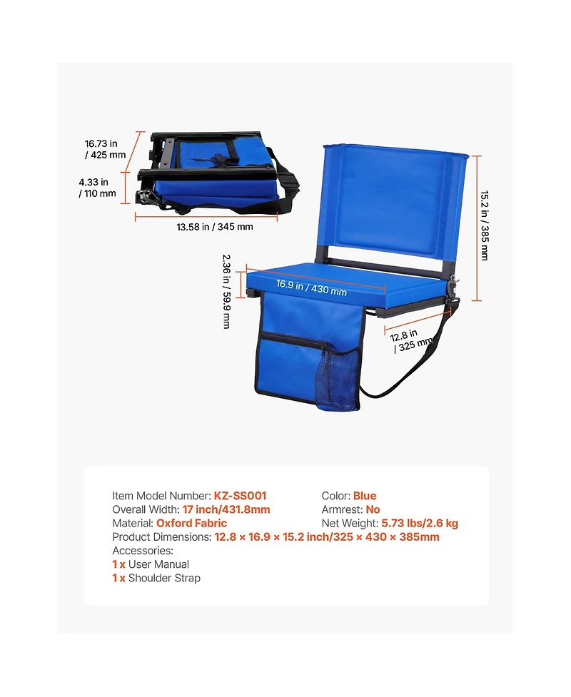 Sufift Folding Bleacher Chair Stadium Seat with Back Support Thick Cushion Shoulder Strap Cup Holder Pocket