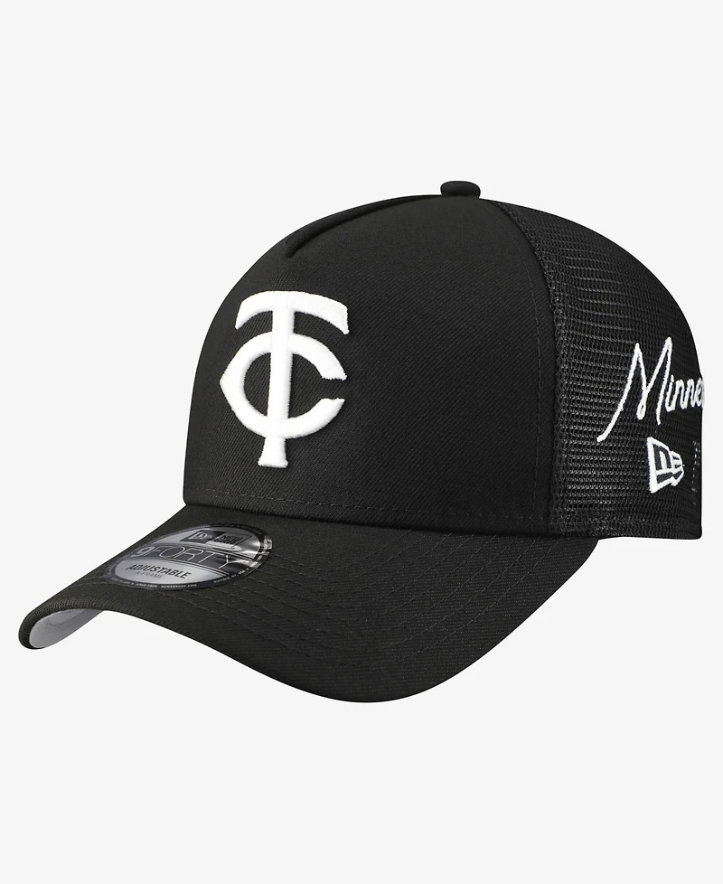 New Era Men's Black Minnesota Twins Side Script 9FORTY A-Frame Trucker Adjustable Hat