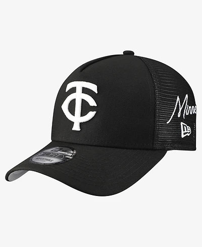 New Era Men's Black Minnesota Twins Side Script 9FORTY A-Frame Trucker Adjustable Hat