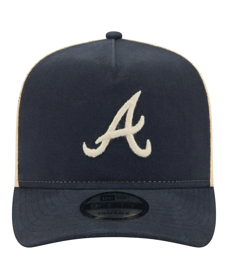 New Era Men's Navy/Natural Atlanta Braves Grained 9FIFTY A-Frame Trucker Adjustable Hat