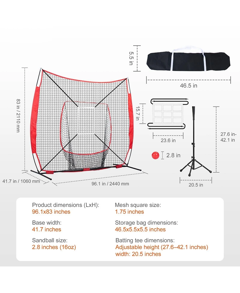 Sugift Baseball Softball Practice Net with Bow Frame Strike Zone Ball Batting Tee Carry Bag