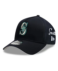 New Era Men's Navy Seattle Mariners Side Script 9FORTY A-Frame Trucker Adjustable Hat