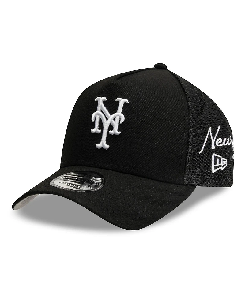 New Era Men's Black New York Mets Side Script 9FORTY A-Frame Trucker Adjustable Hat