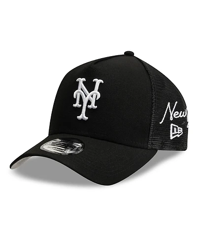 New Era Men's Black New York Mets Side Script 9FORTY A-Frame Trucker Adjustable Hat