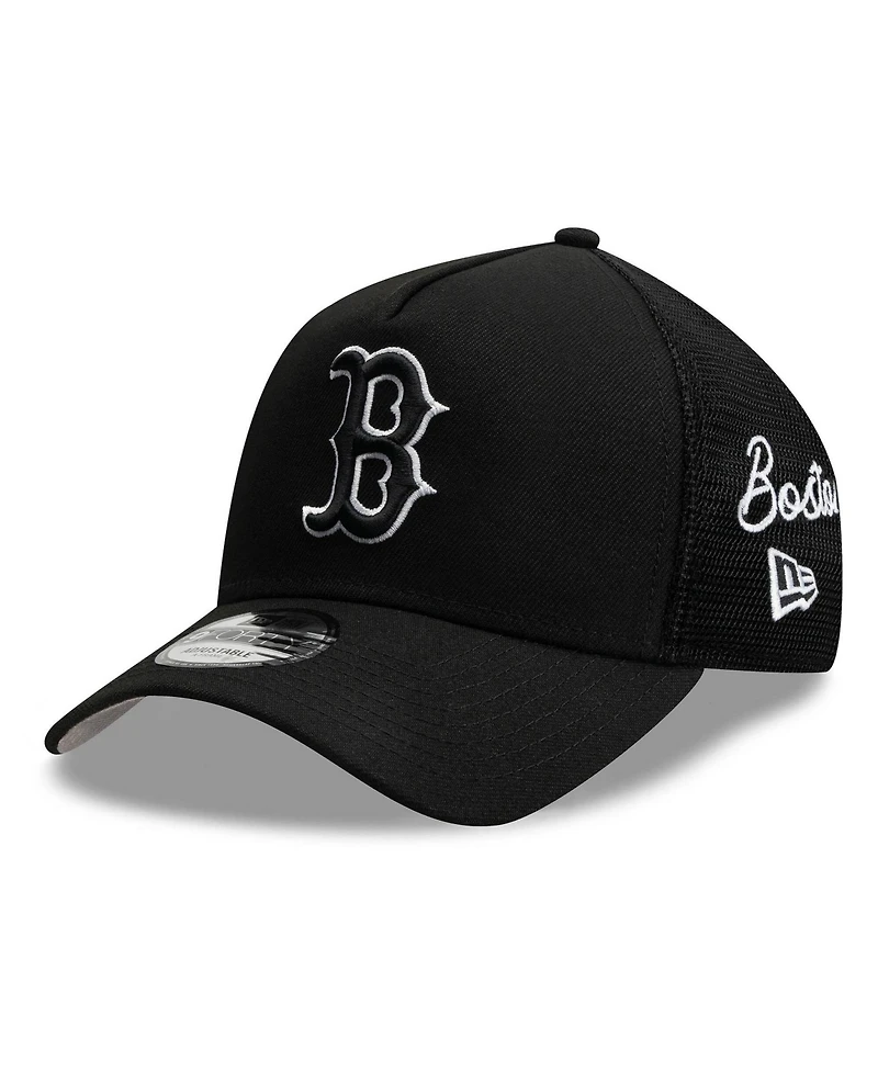 New Era Men's Black Boston Red Sox Side Script 9FORTY A-Frame Trucker Adjustable Hat