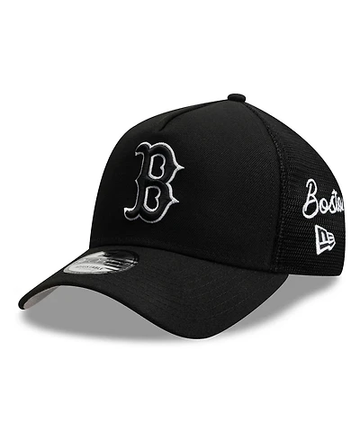 New Era Men's Black Boston Red Sox Side Script 9FORTY A-Frame Trucker Adjustable Hat