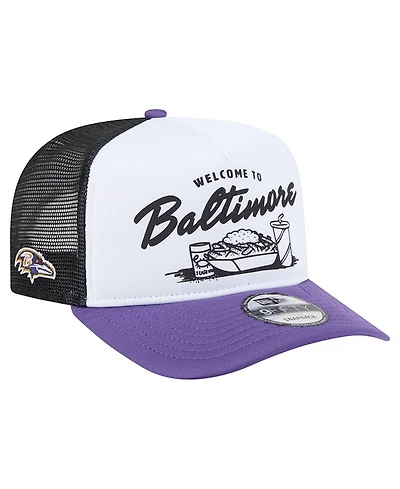 New Era Men's White/Purple Baltimore Ravens Foodie 9FIFTY A-Frame Trucker Snapback Hat