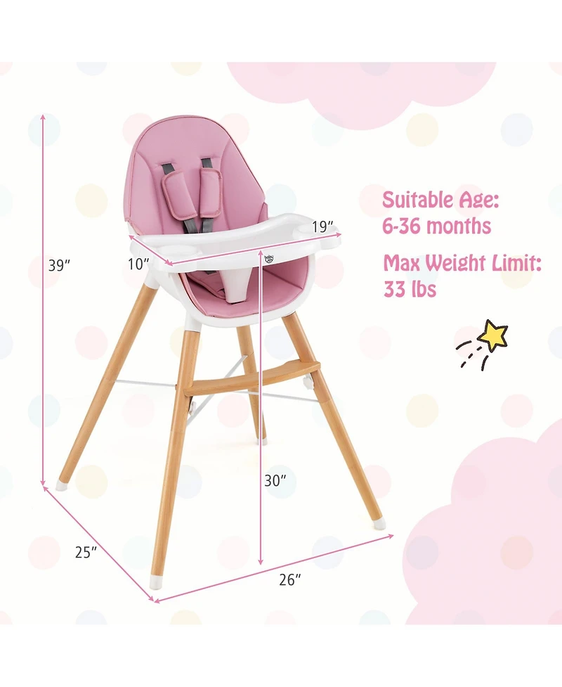 Costway Toddler High Chair Wooden Feeding Chair with 4-Gear Tray & Removable Cushion