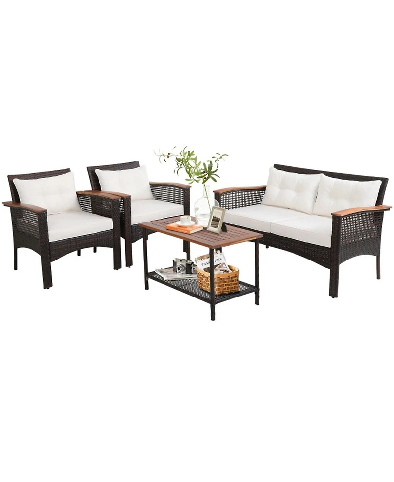Gouun 4 Piece Outdoor Rattan Conversation Set with Acacia Wood Table, Loveseat and 2 Armchairs