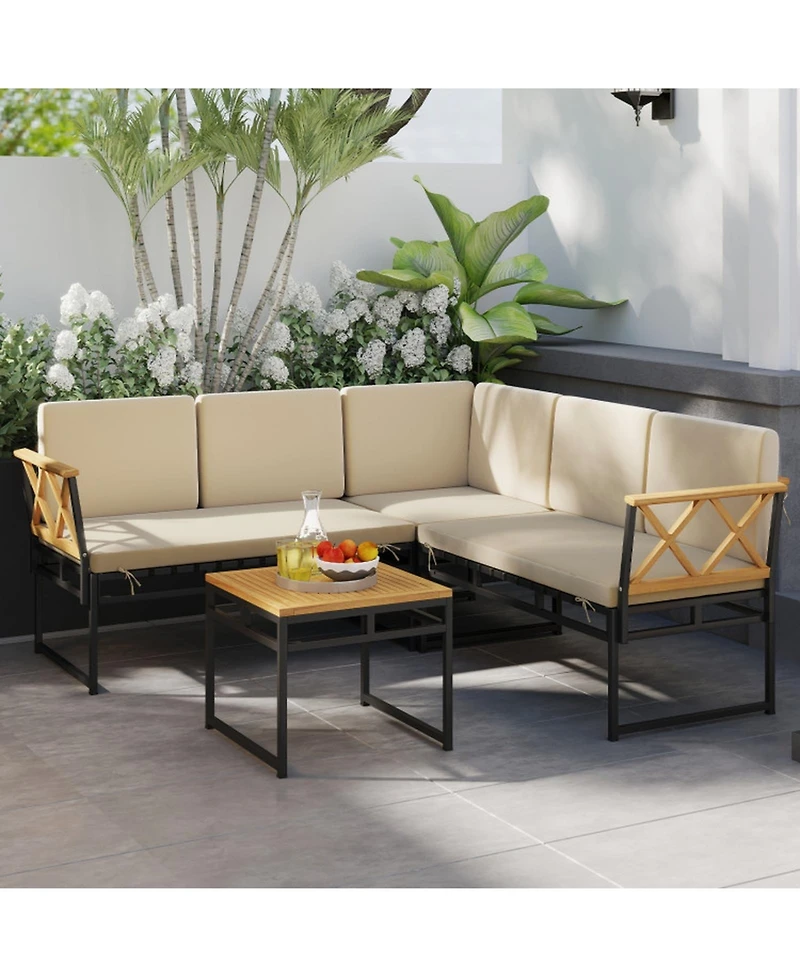Gouun 4-Piece Outdoor Patio L-Shaped Sectional Sofa Conversation Set with Acacia Wood Side Table