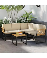 Gouun 4-Piece Outdoor Patio L-Shaped Sectional Sofa Conversation Set with Acacia Wood Side Table