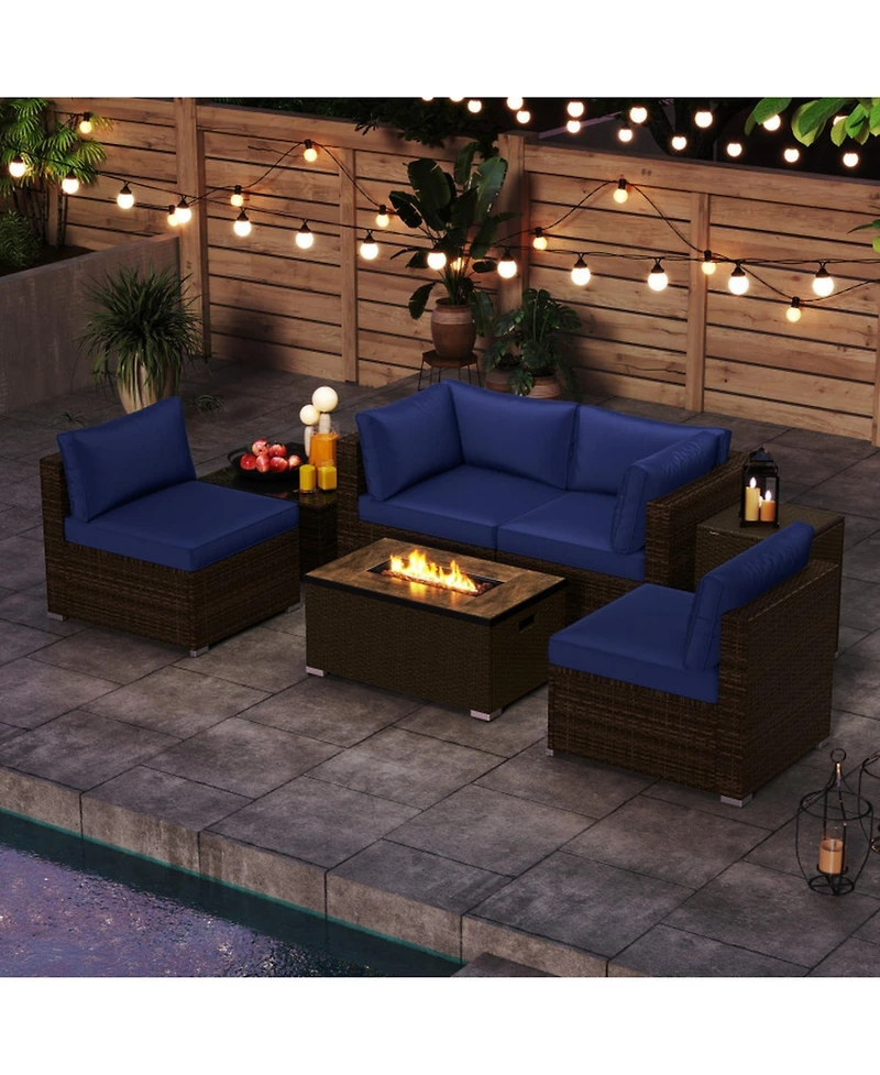 Gouun 7 Piece Outdoor Furniture Set with 32 in Propane Fire Pit Table, Tank Cover and Pe Wicker Sofas