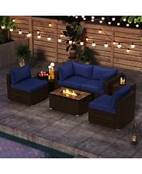 Gouun 7 Piece Outdoor Furniture Set with 32 in Propane Fire Pit Table, Tank Cover and Pe Wicker Sofas