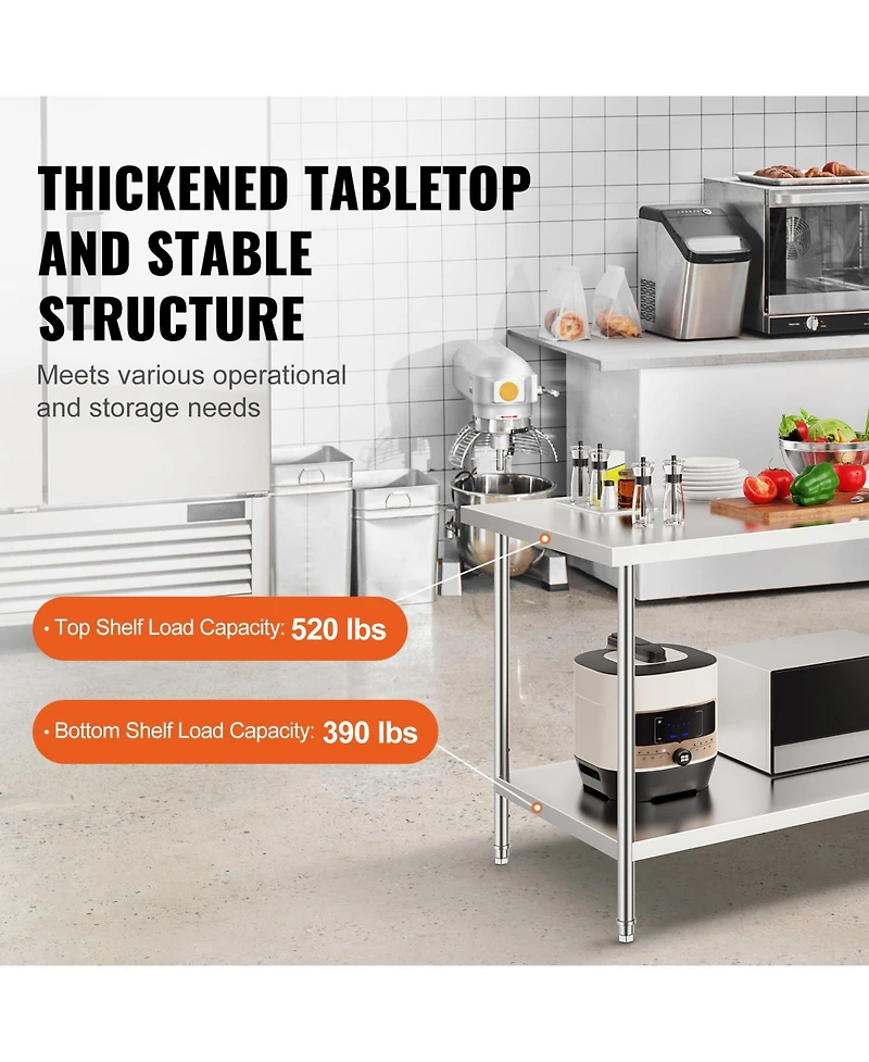 Hongge Extra Wide 30 x 60 in Stainless Steel Workstation Table Rated for 910 lbs with 3 Adjustable Height Levels