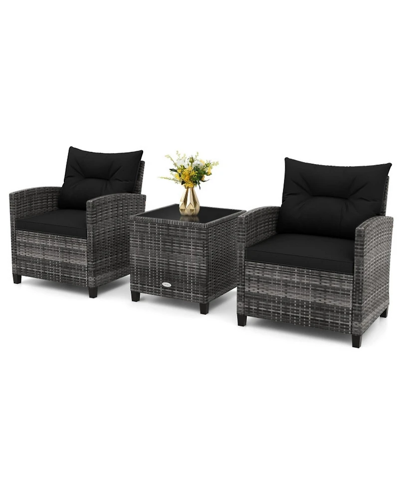 Gouun 3-Piece Outdoor Pe Rattan Conversation Set with Tempered Glass Table