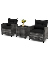 Gouun 3-Piece Outdoor Pe Rattan Conversation Set with Tempered Glass Table