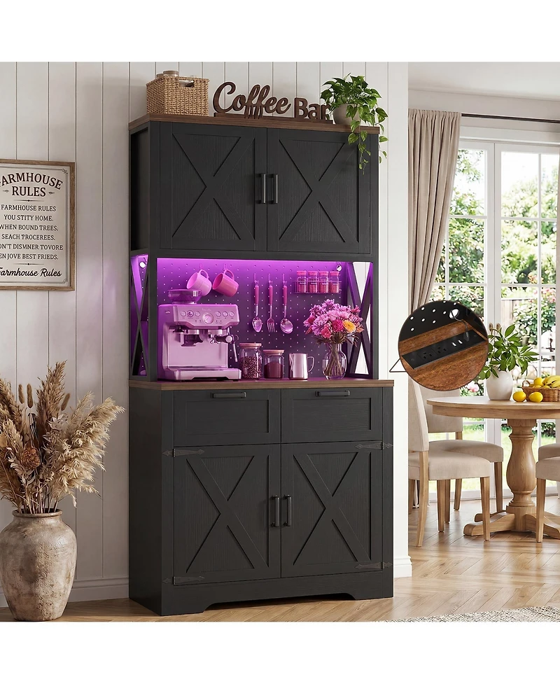 Aheaplus 71" Tall Wood Kitchen Pantry Cabinet with Charging Station and Drawers