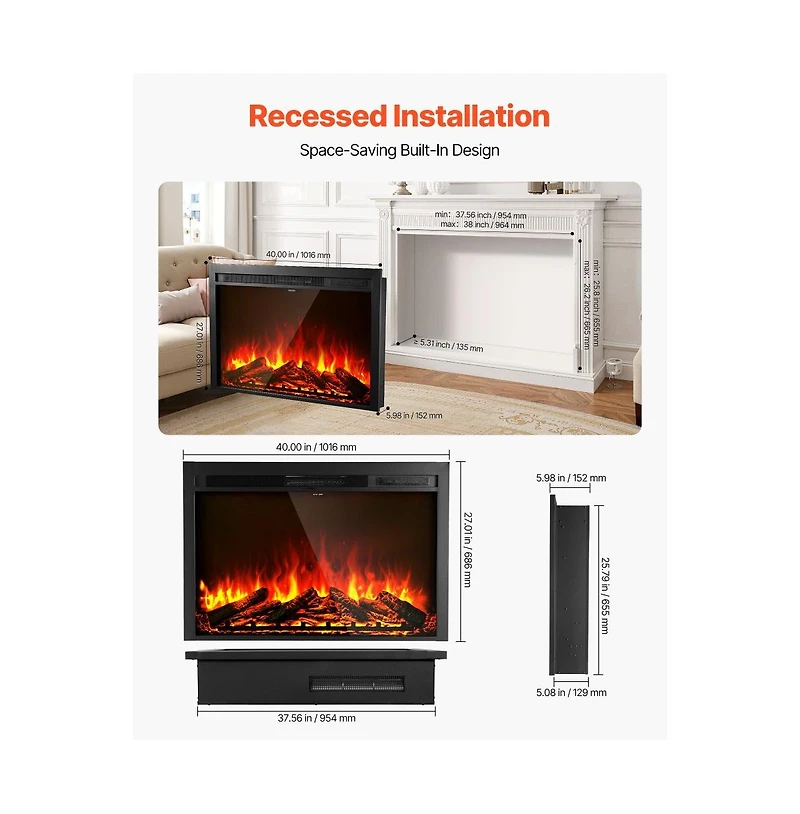 Slickblue Electric Fireplace Insert with Adjustable Flame Remote Timer 5000 Btu Wall Mounted