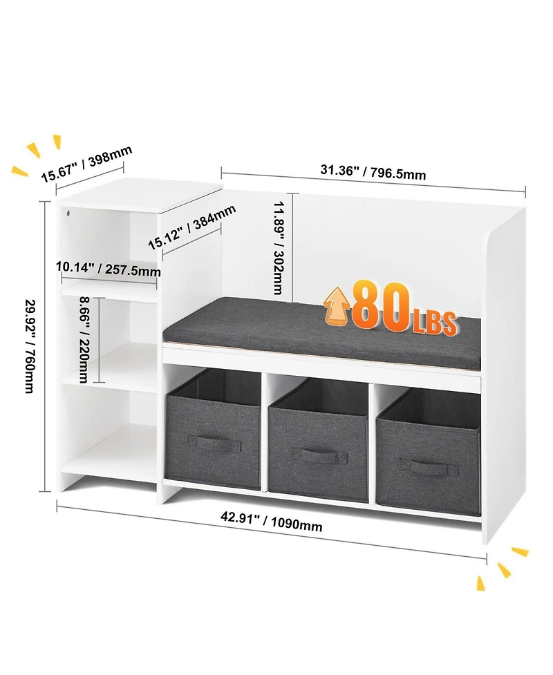Slickblue Kids Reading Nook Bench with 6 Cubby Storage and Detachable Cushion