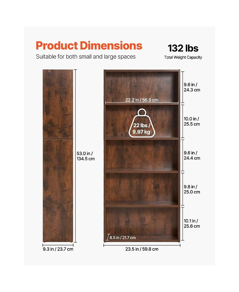 Slickblue Tall 5 Tier Wooden Bookcase with Height Adjustable Shelf, Open Storage