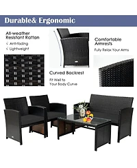 Gouun 4 Piece Outdoor Patio Rattan Furniture Set, Loveseat, 2 Chairs and Glass Coffee Table
