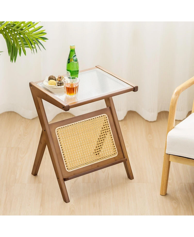 Gouun Boho Bamboo End Table with Tempered Glass Top and Magazine Rack
