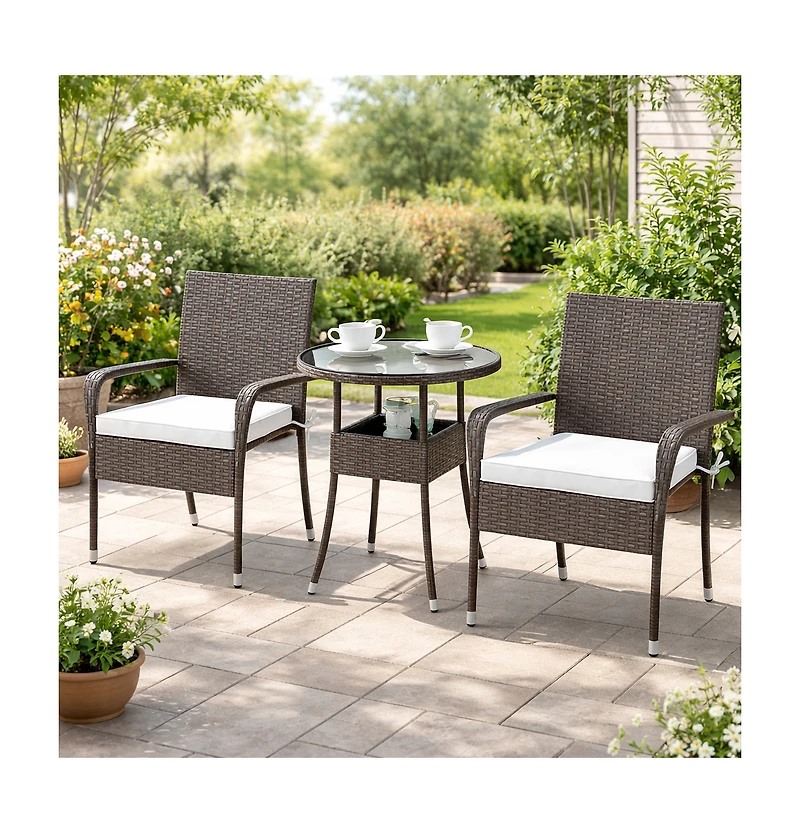 Gouun 3-Piece Outdoor Wicker Bistro Set with High-Back Chairs and Glass Table