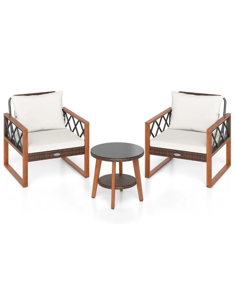 Gouun 3 Piece Patio Furniture Set with Pe Wicker Chairs, Acacia Wood Trim and 2 Tier Glass Top Table