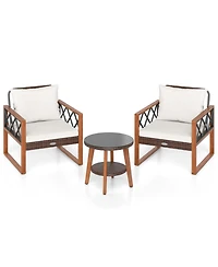 Gouun 3 Piece Patio Furniture Set with Pe Wicker Chairs, Acacia Wood Trim and 2 Tier Glass Top Table