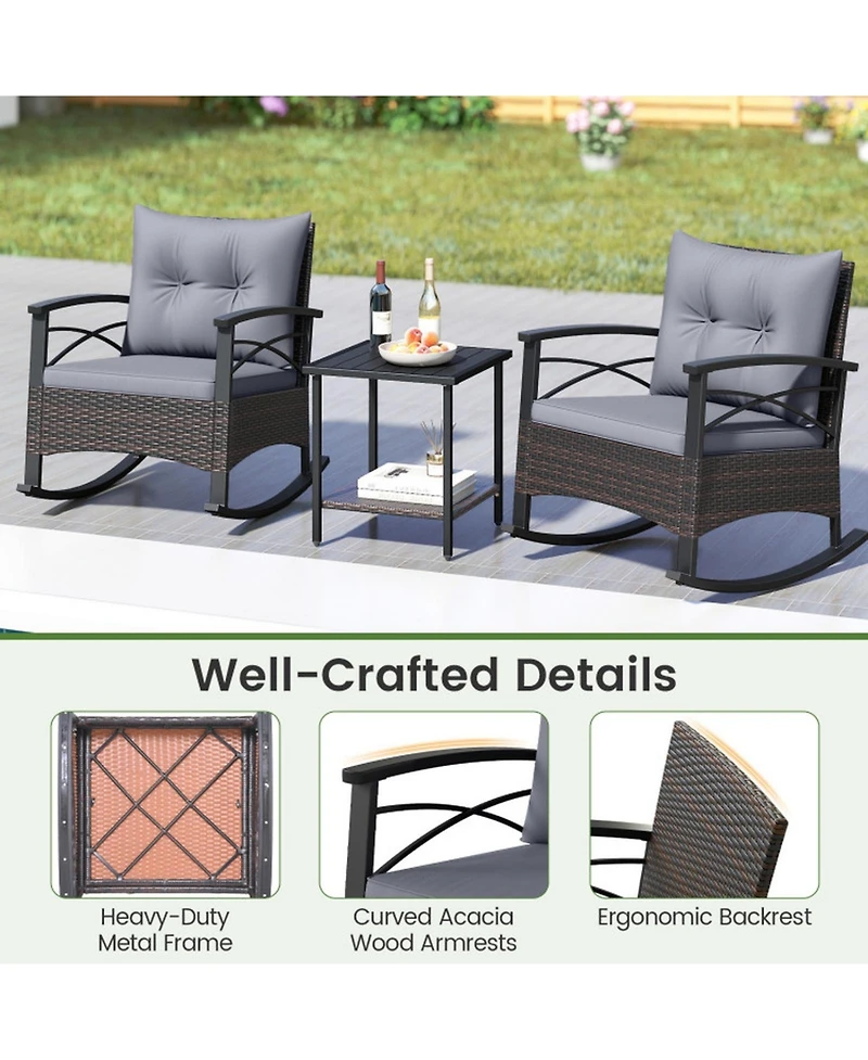 Gouun 3 Piece Outdoor Rocking Bistro Set with Pe Wicker Rocker Chairs and Acacia Wood Top Table