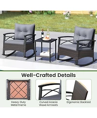 Gouun 3 Piece Outdoor Rocking Bistro Set with Pe Wicker Rocker Chairs and Acacia Wood Top Table