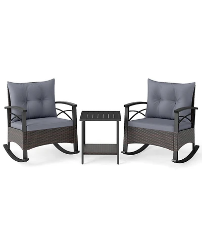 Gouun 3 Piece Outdoor Rocking Bistro Set with Pe Wicker Rocker Chairs and Acacia Wood Top Table