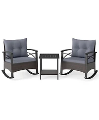 Gouun 3 Piece Outdoor Rocking Bistro Set with Pe Wicker Rocker Chairs and Acacia Wood Top Table